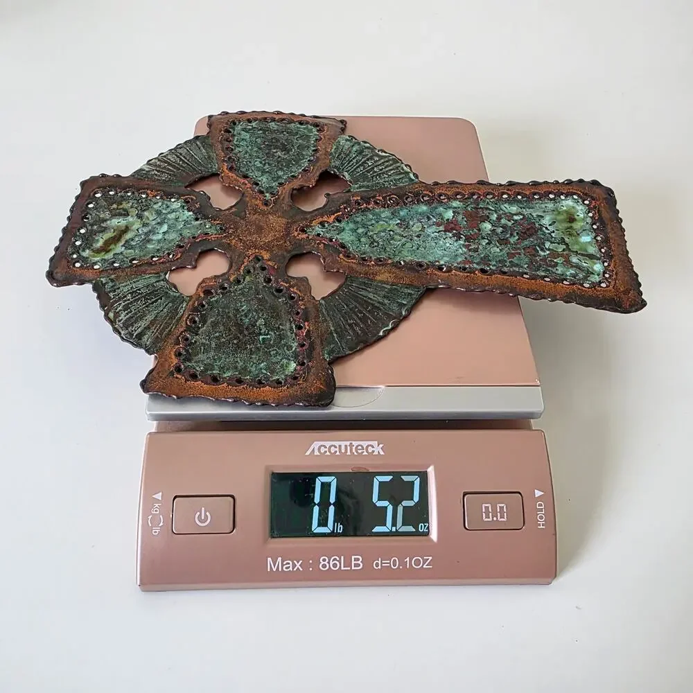 Vintage R. Downey Copper Enamel Celtic Wall Cross Green Patina Mid Century